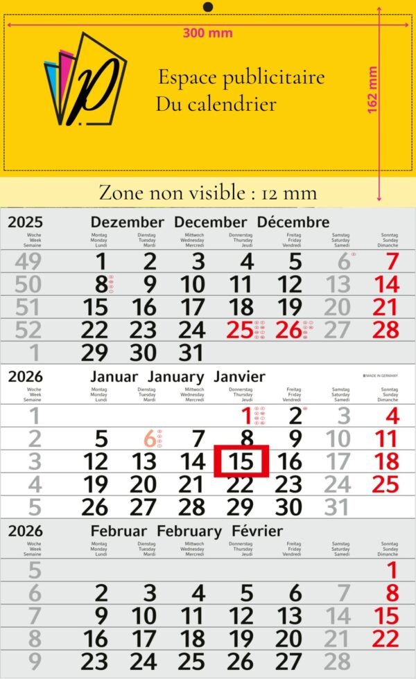 Calendriers mensuels 3 mois (Monobloc) Carton recyclé