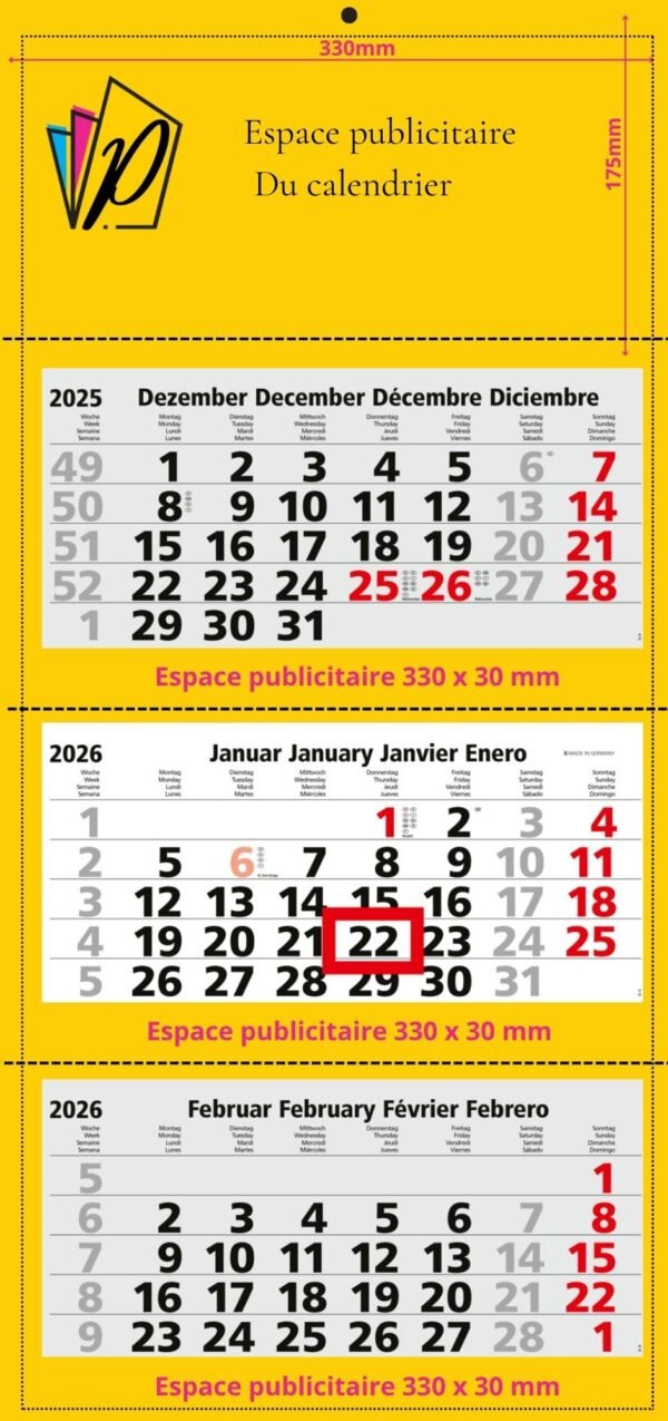 Calendriers mensuels 3 mois (multiblocs)