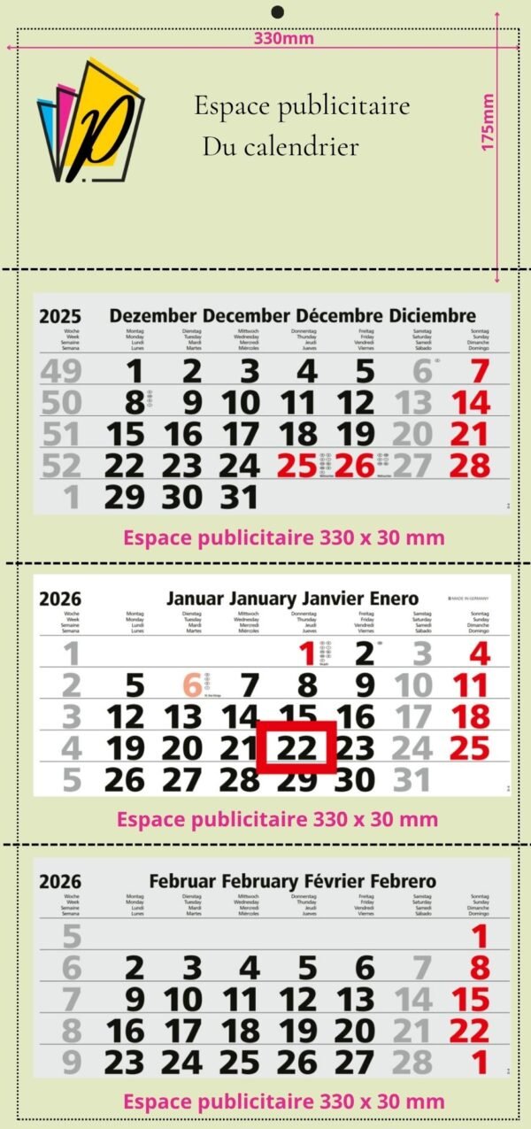 Calendriers mensuels 3 mois (multiblocs) Carton recyclé