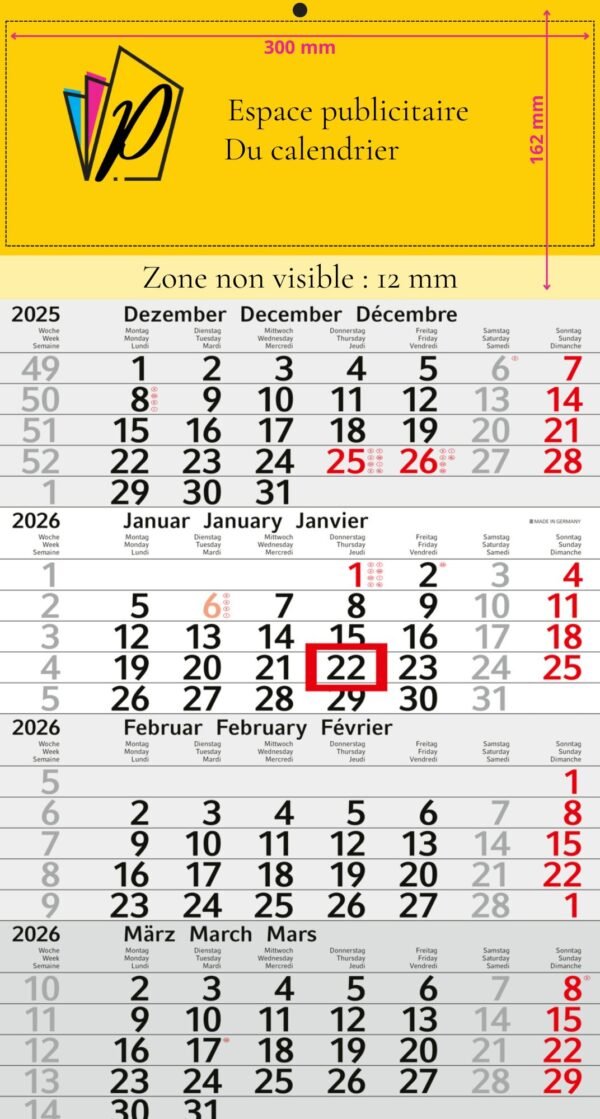 Calendriers mensuels 4 mois (Monobloc)
